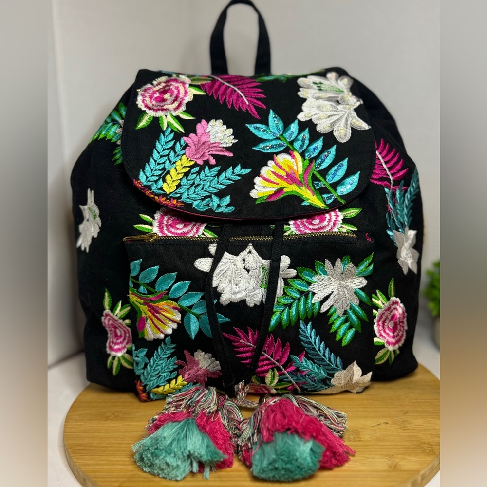 Steve Madden Embellished & Embroidered Full Size Backpack w/Tassels EUC